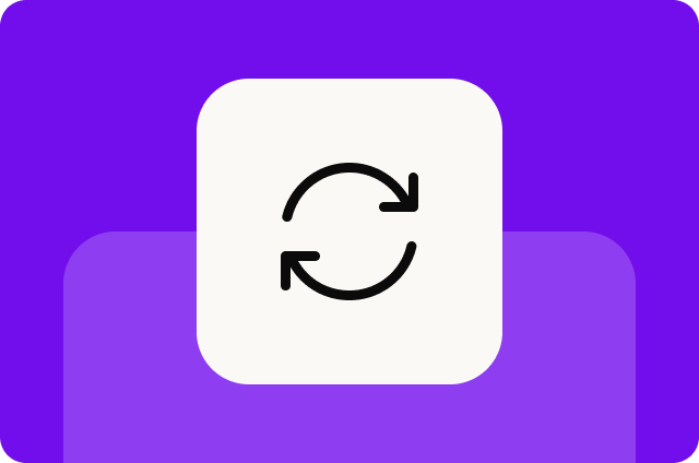 Bright purple background with a medium violet offset shadow, featuring an off-white rounded square icon with a black outlined circular sync arrow.