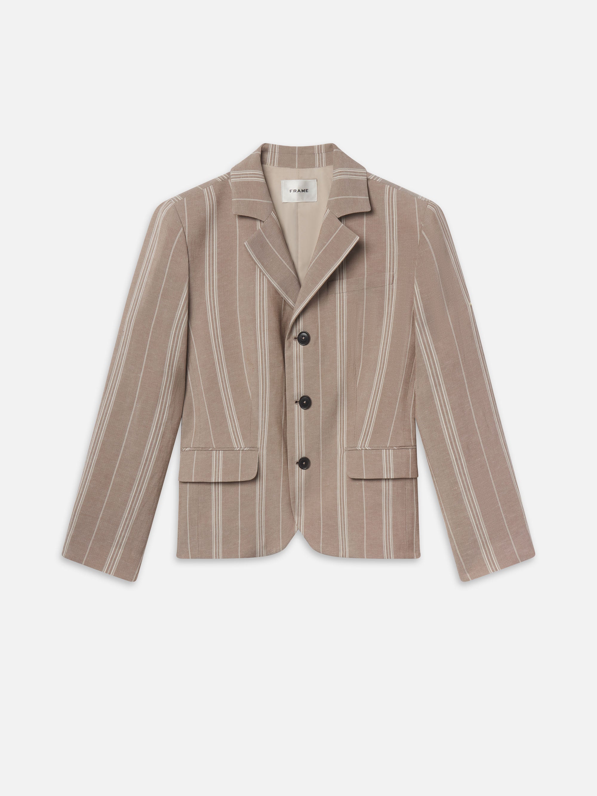 THE LINEN SMART BLAZER IN LIGHT CAMEL STRIPE