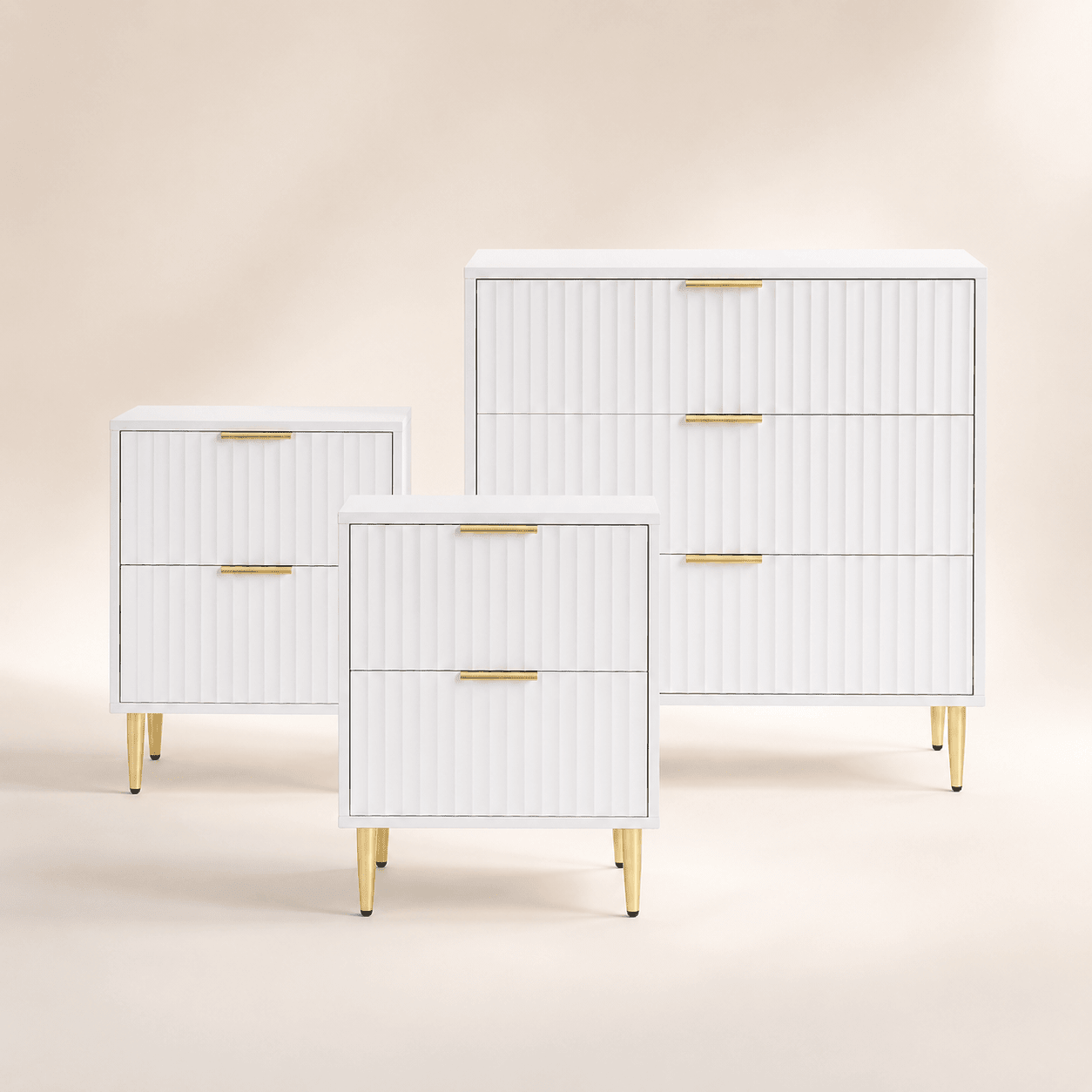 Evie 3 Piece Bundle - 2 Bedside Tables and Small Chest - Warm White