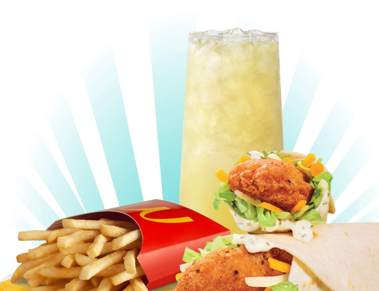 A Snack Wrap meal comes with medium fries and drink, like a Lemonade. Lemonade is subject to an additional charge.