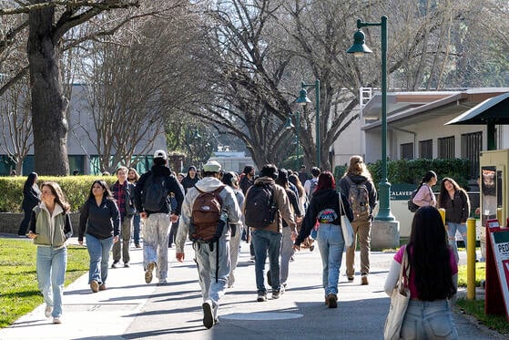 Students move across the Sacramento State University campus on Jan. 26, 2026.
