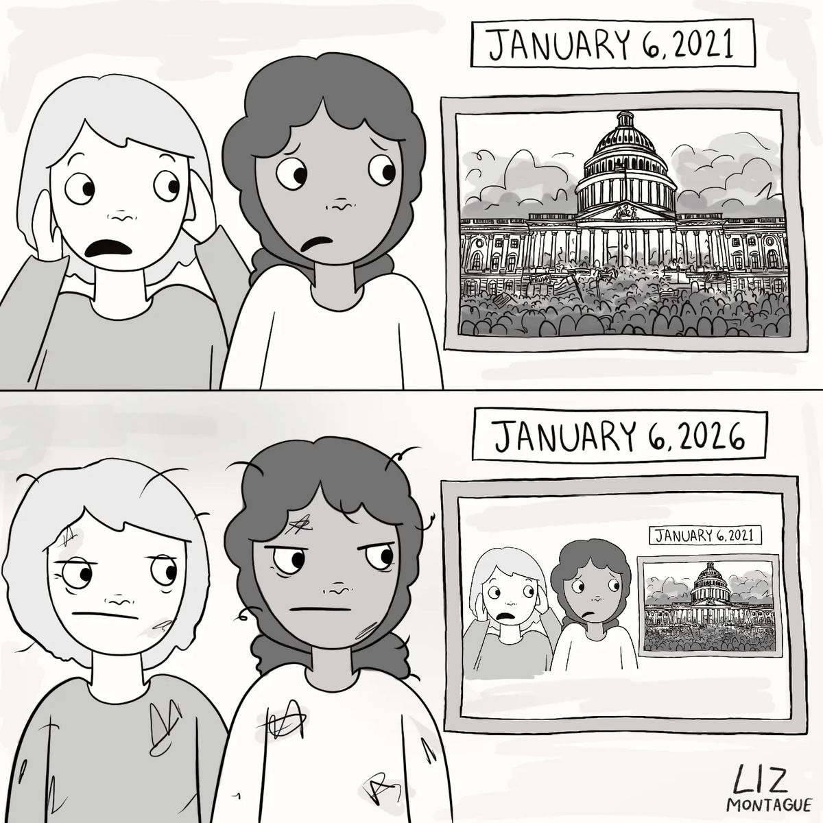 Two panels show two people reacting to the Capitol riots of 2021 and their state in 2026.