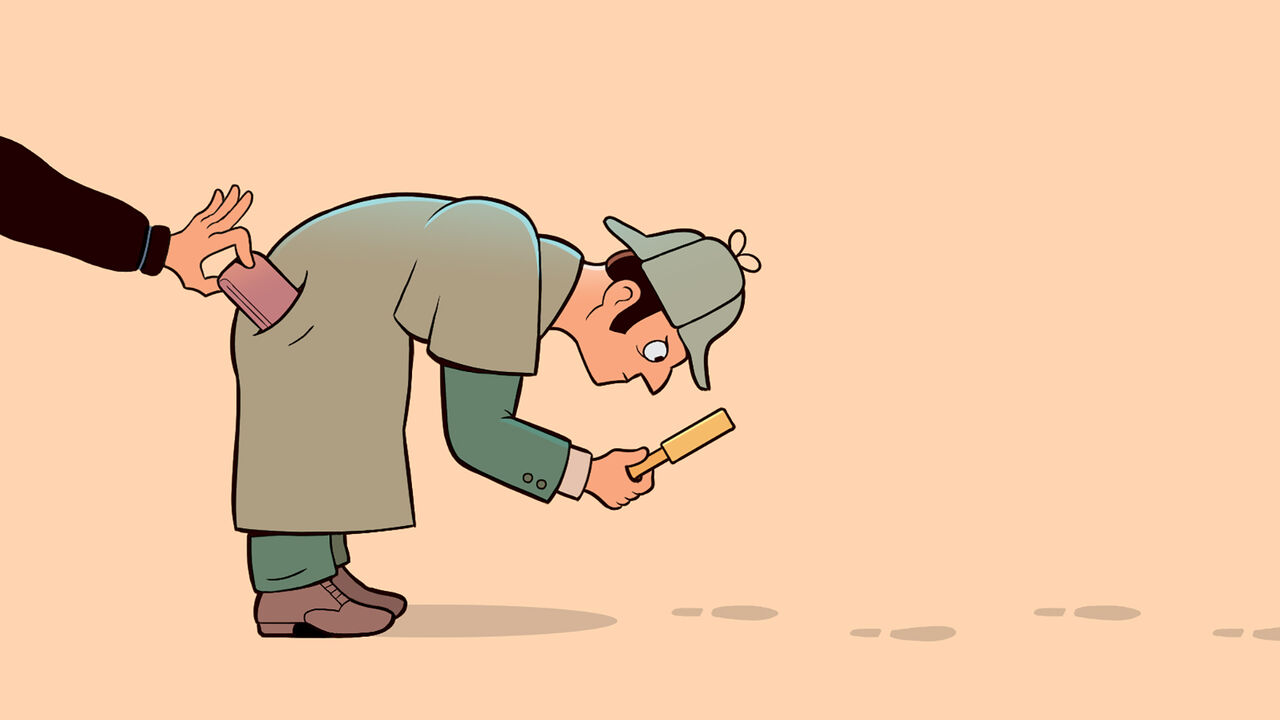 A detective bends down to look at some footprints whilst a hand steals his wallet from his pocket