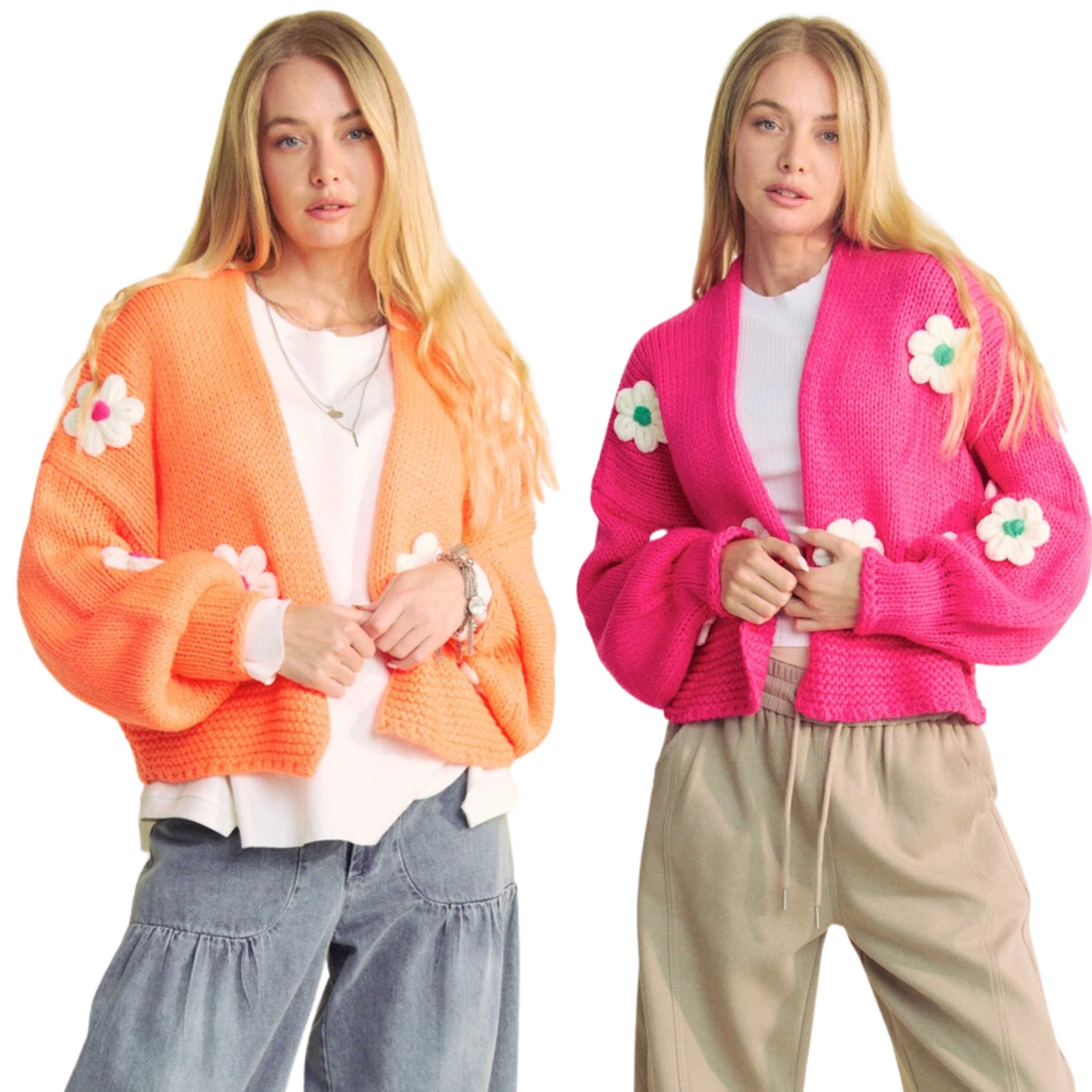 Image of Floral Applique Lantern Sleeve Cropped Cardigan