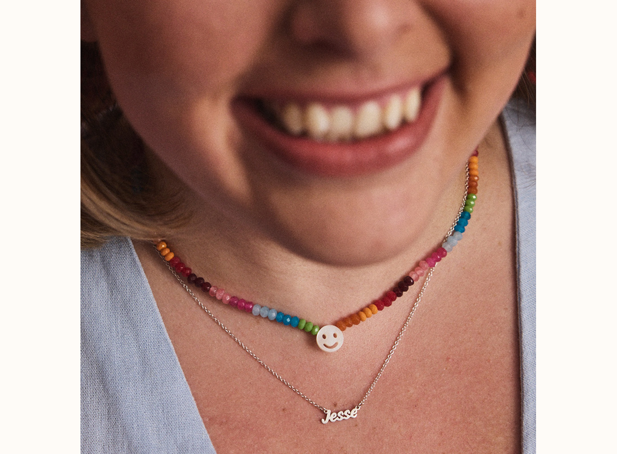 Rainbow Gemstone Smiley Face Necklace