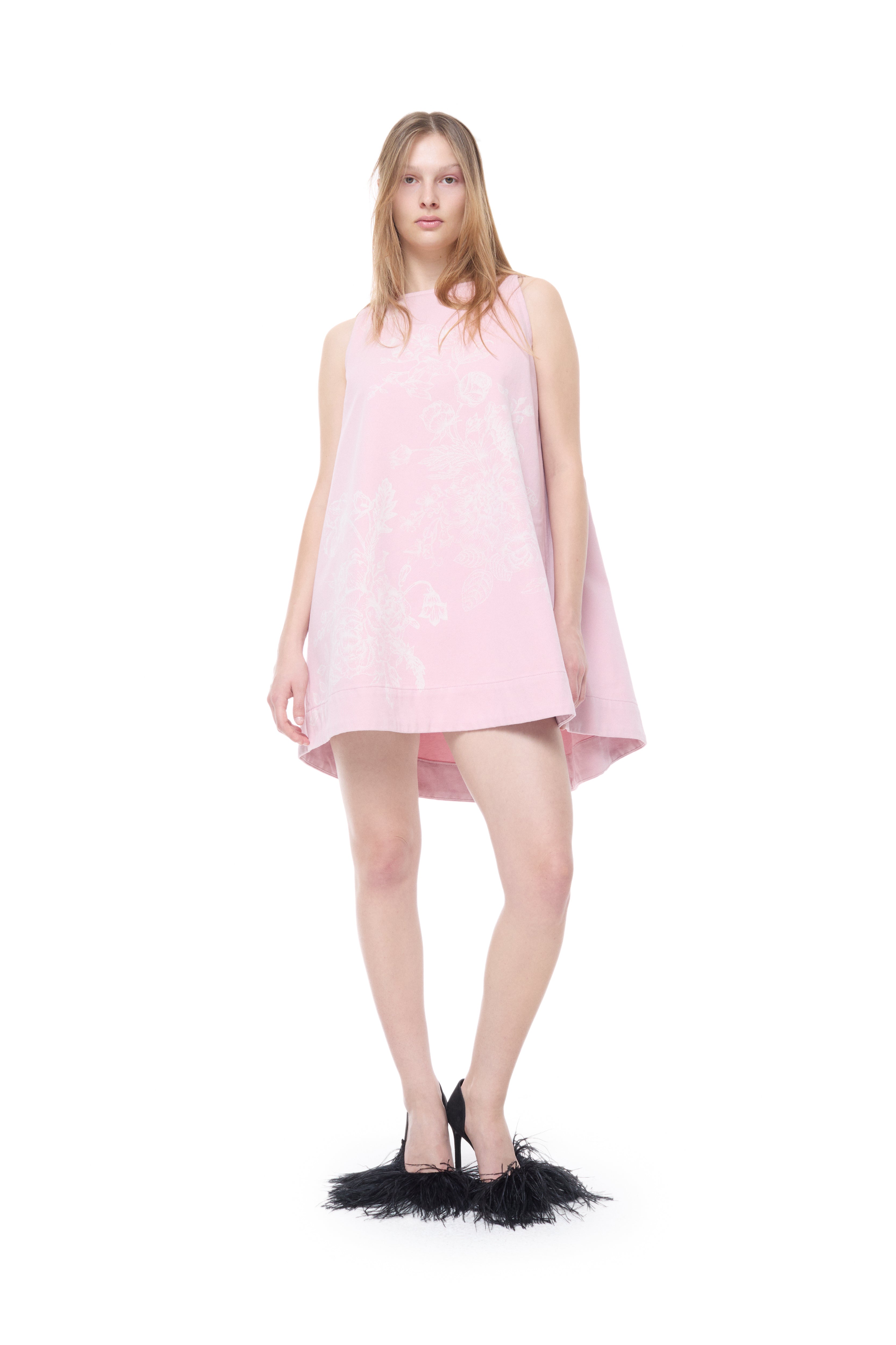 PINK FLOWER DRILL A-LINE DRESS