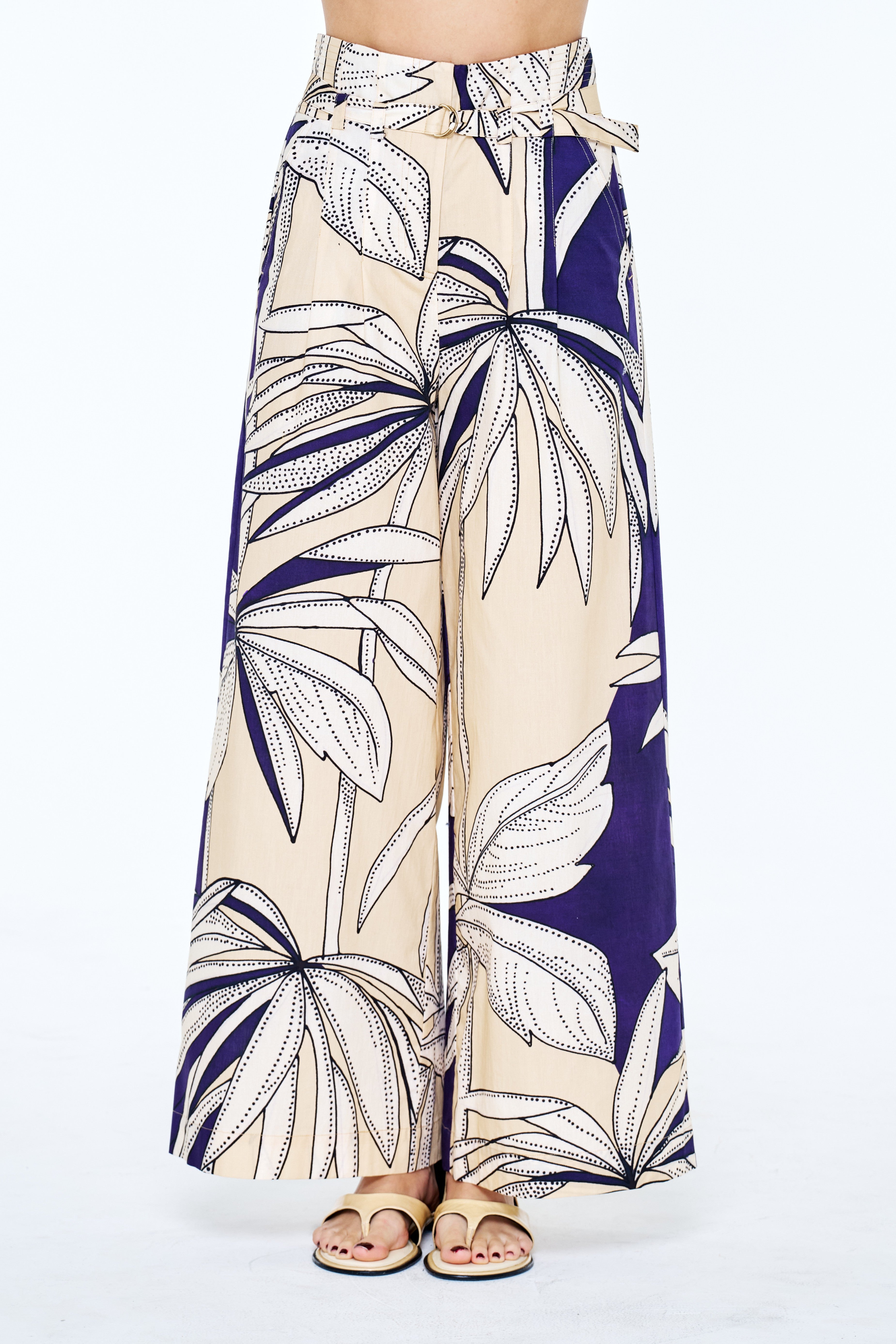 Image of Leah Botanical Print Belted Wide Leg Pants
