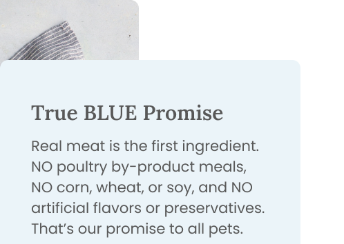 Real meat is the first ingredient. NO poultry by-product meals, NO corn, wheat, or soy, and NO artificial flavors or preservatives. That’s our promise to all pets.
