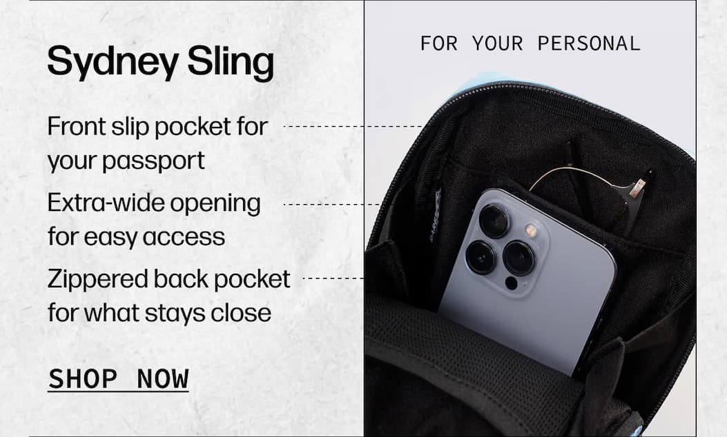 For your personal Sydney Sling | – Front slip pocket for your passport – Extra-wide opening for easy access – Zippered back pocket for what stays close | [SHOP NOW]