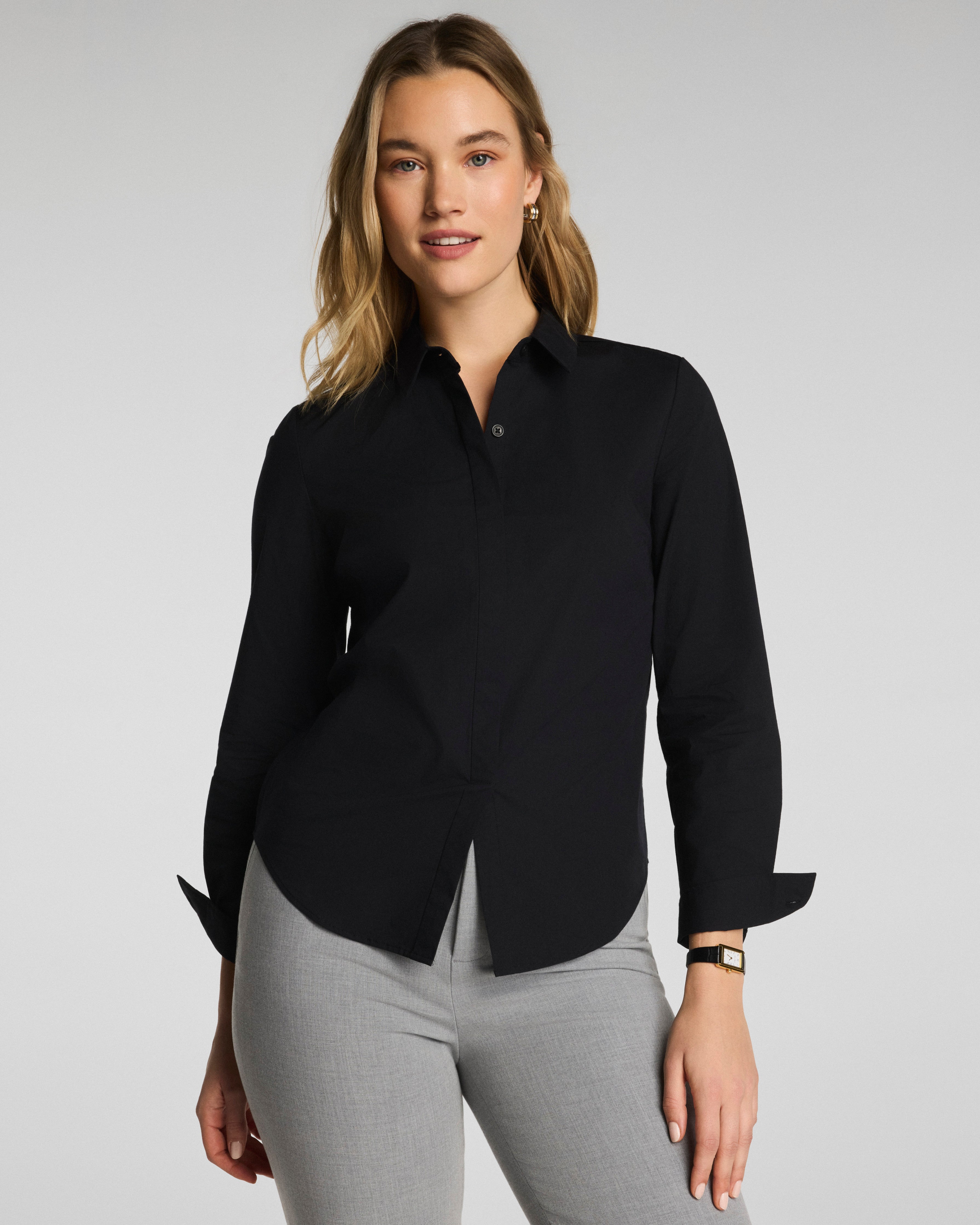 Image of Spanx Women's Poplin No-Gape Tailored Button Down in Black