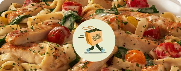 Illustration of a walking Olive Garden To Go bag over a background of Creamy Garlic Fettuccine.