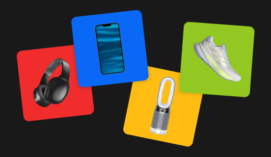 A pair of Skullcandy Crusher Evo Wireless headphones on a red tile, an iPhone on a blue tile, a Dyson Pure Hot+Cool HP04 purifying heater and fan on a yellow tile, and an adidas Supernova Ease sneaker on a green tile sit against a black background.