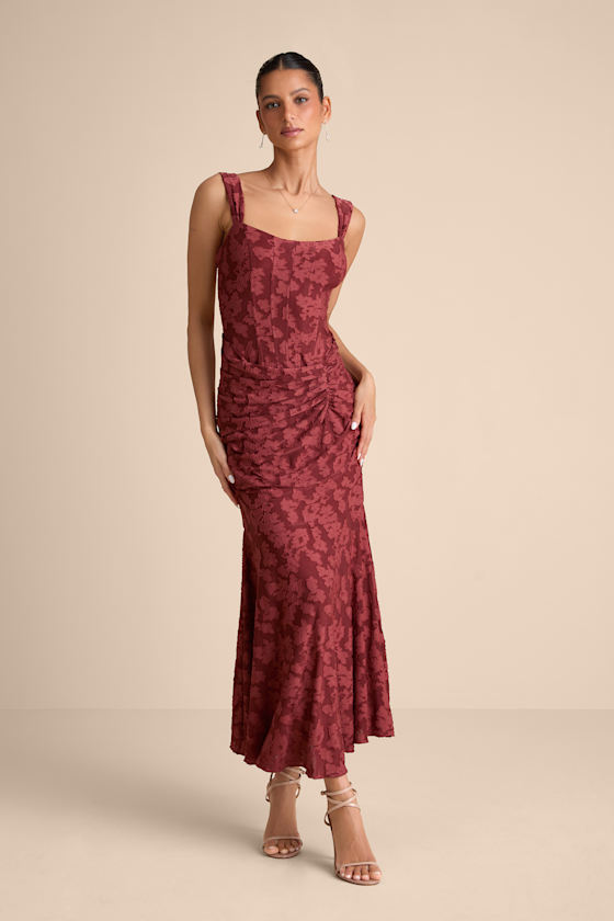 Image of Celeste Rust Red Floral Burnout Bustier Maxi Dress