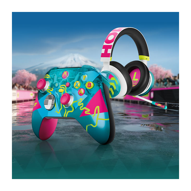 The Forza Horizon 6 Limited Edition Xbox Wireless Controller and Xbox Wireless Headset against a backdrop of springtime Japanese scenery, including Mount Fuji.