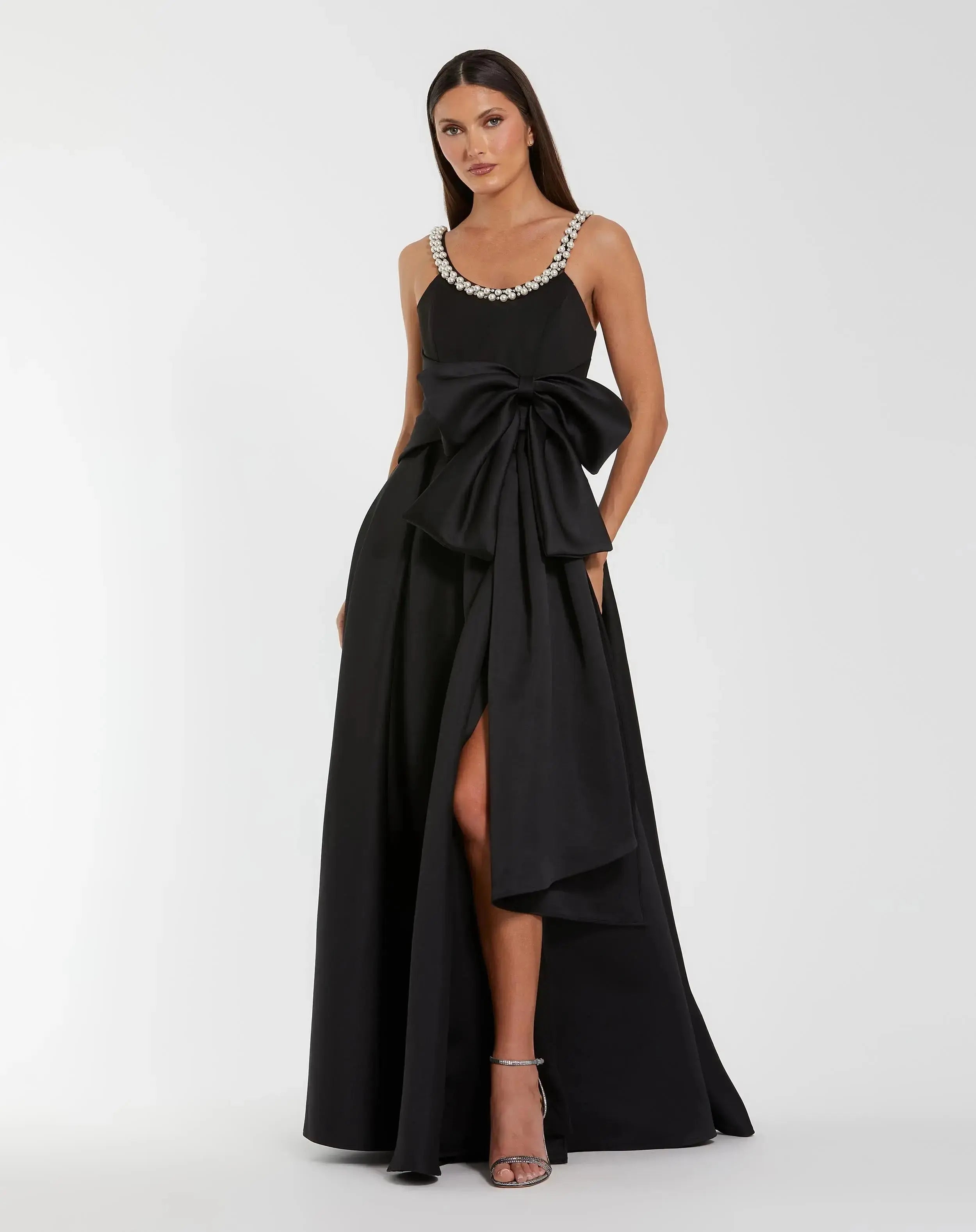 Image of Petite Black Satin Gown With Pearl Neckline and Bow Detail