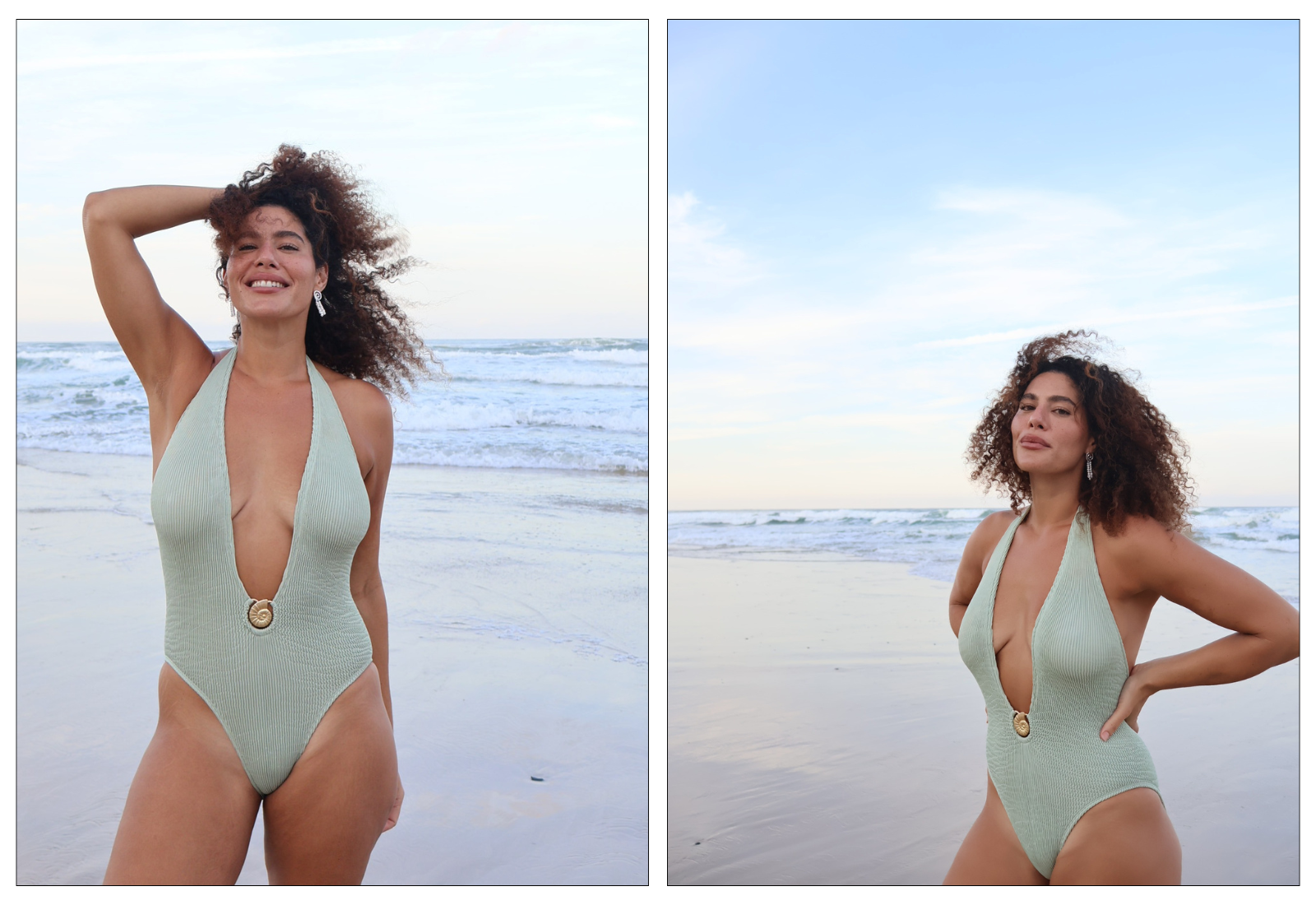 model wears sage fullpiece while dancing near the water