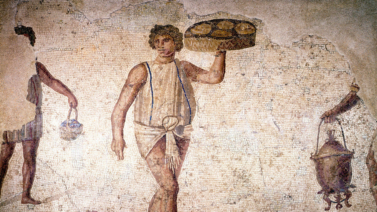 Servants or slaves making preparations for a feast, mosaic, Carthage, 2nd century.