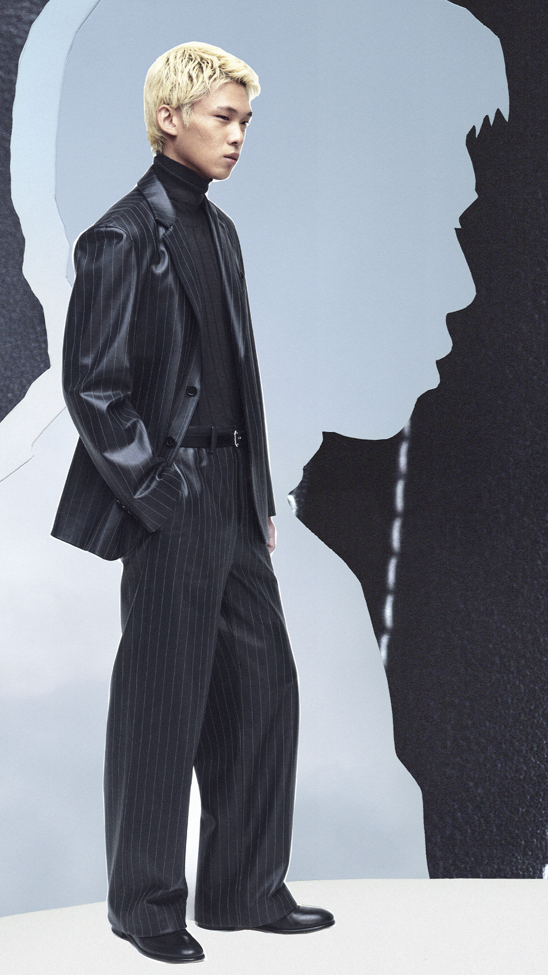 Visual highlighting a model wearing a black leather jacket