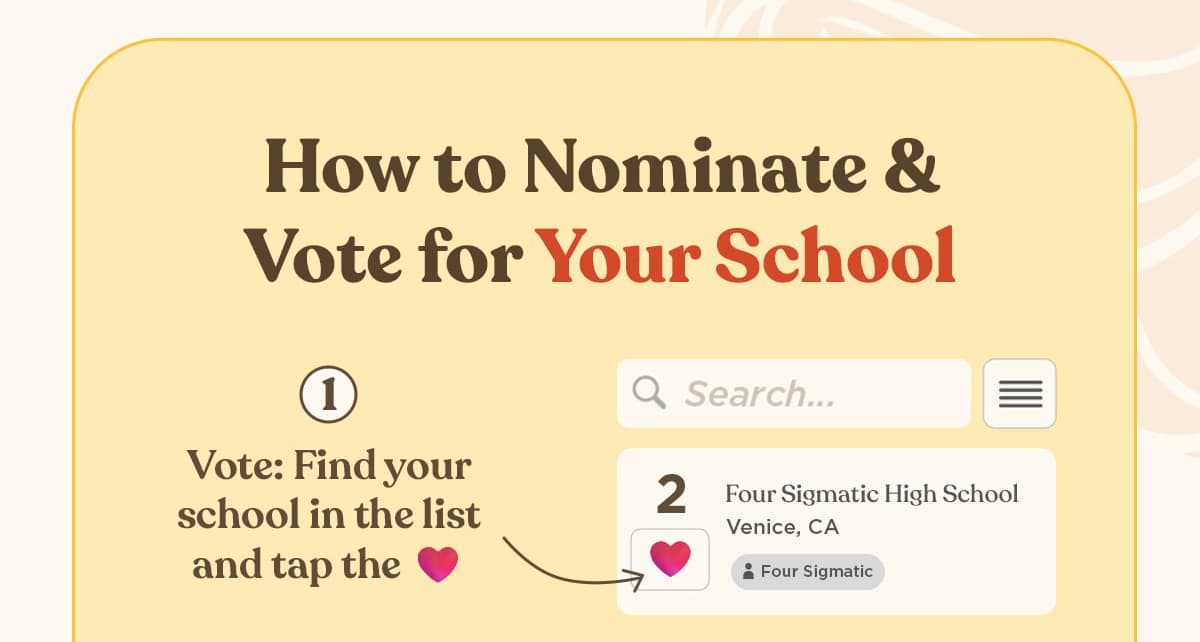 How to Nominate & Vote for your School: 1 Vote: Find your school in the list and tap the ♡