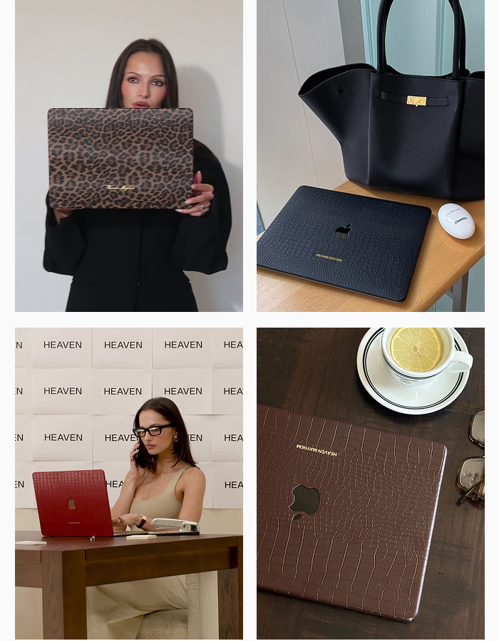 Collage of Heaven Mayhem laptop covers in Vitto, Onyx, Cherry, and Rosi. Founder Pia Mance styles the covers in elevated desk and everyday settings.
