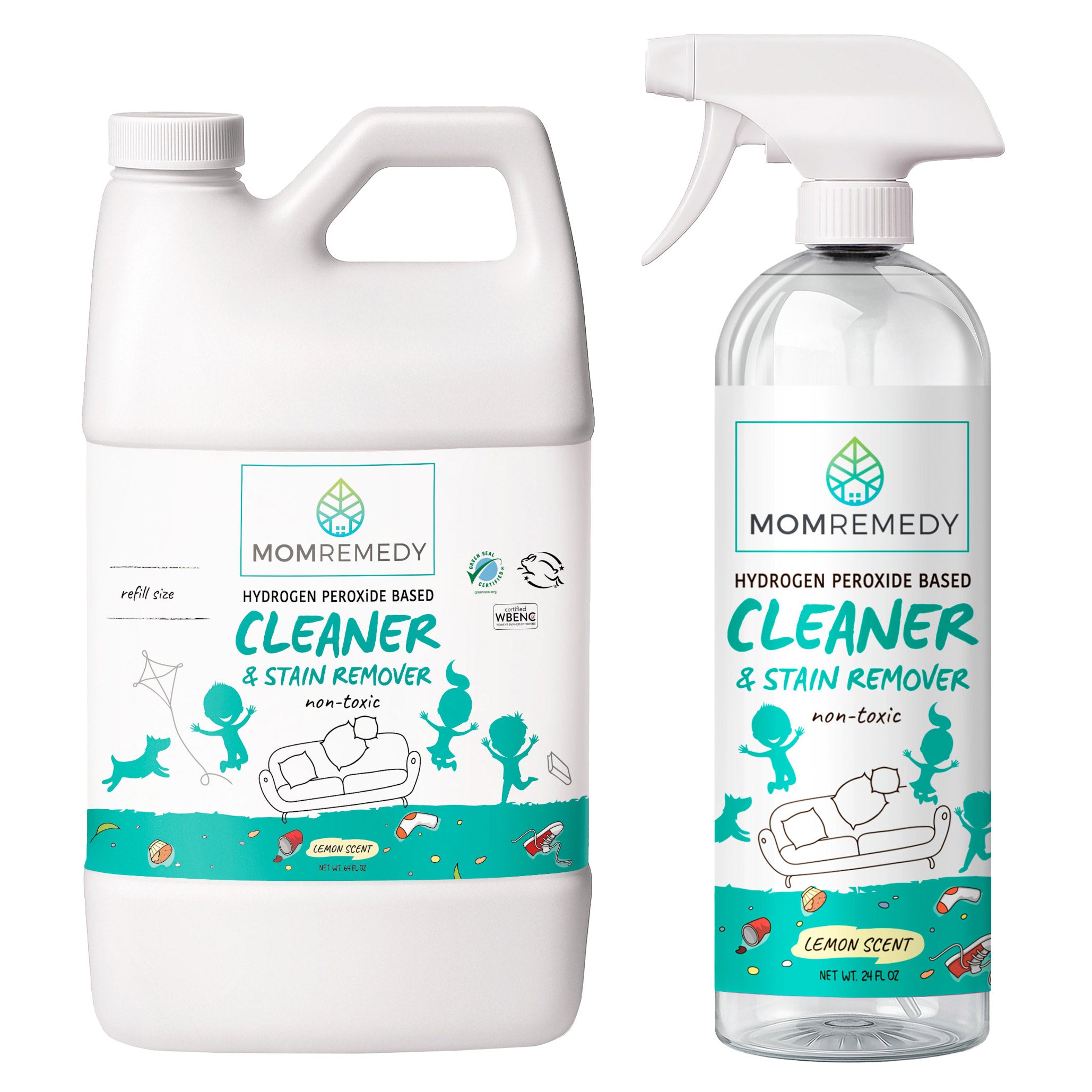 MomRemedy Hydrogen Peroxide Based Cleaner and Stain Remover, Lemon, 24 fl oz + 64 fl oz Refill