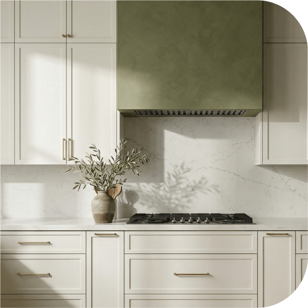Modern kitchen with beige cabinets and olive decor.