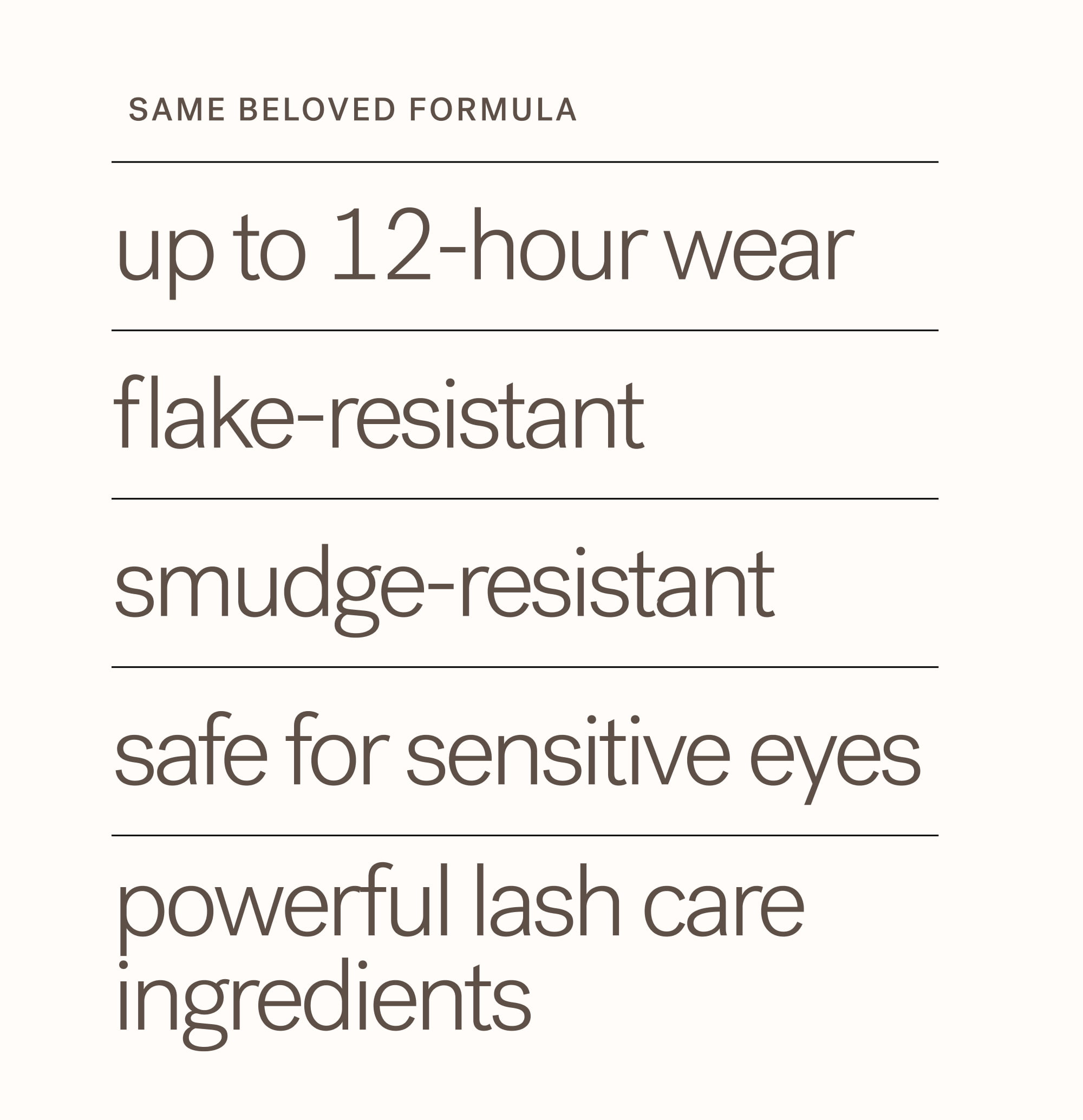 SAME BELOVED FORMULA  up to 12-hour wear flake-resistant  smudge-resistant safe for sensitive eyes powerful lash care ingredients