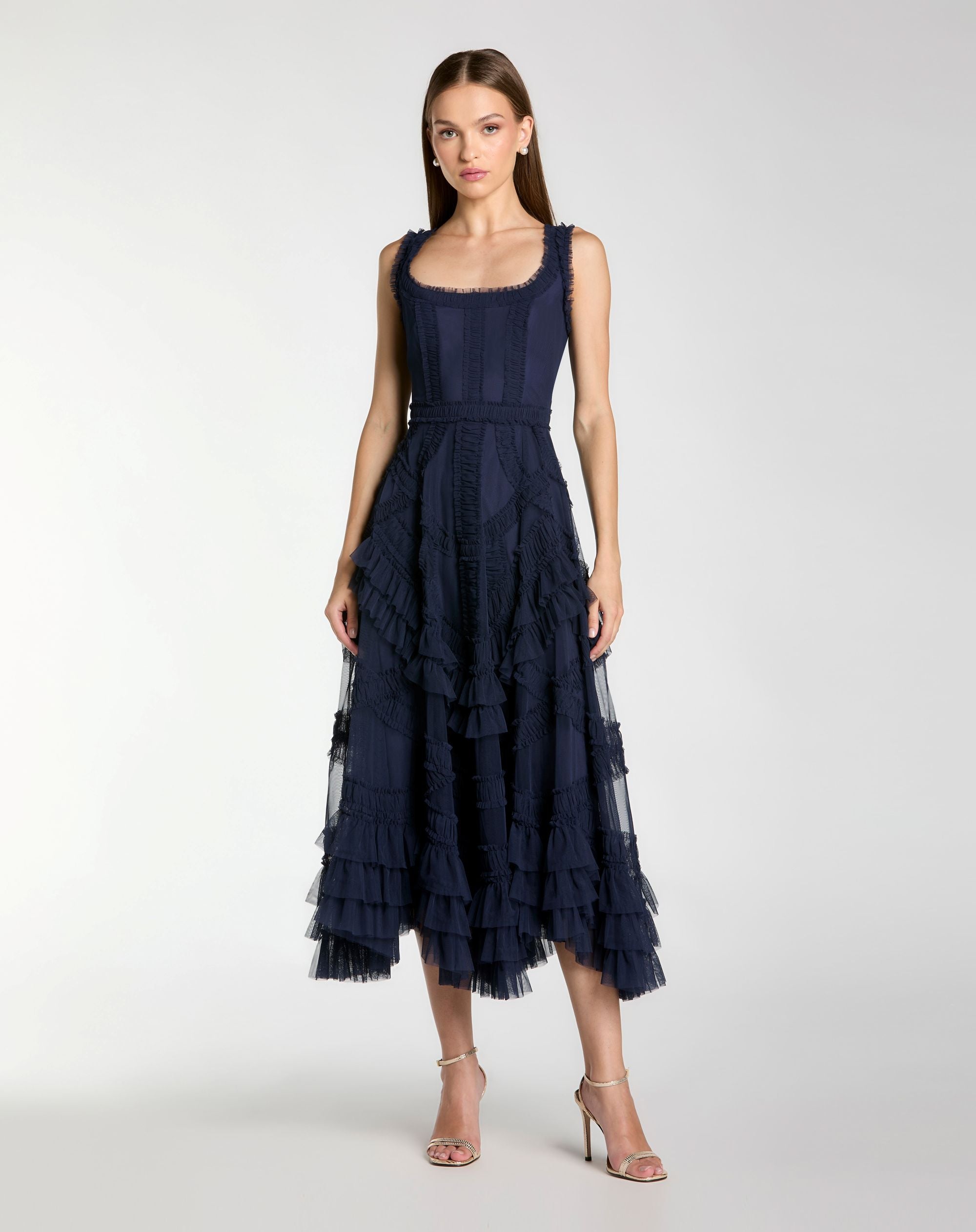 Image of Navy Scoop Neck Sleeveless Micro Ruffle Midi Dress