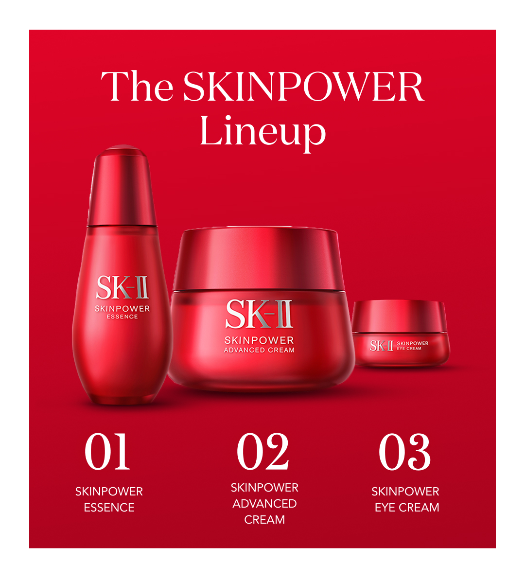 the skinpower lineup. 01 skinpower essence, 02 skinpower advanced cream, 03 skinpower eye cream