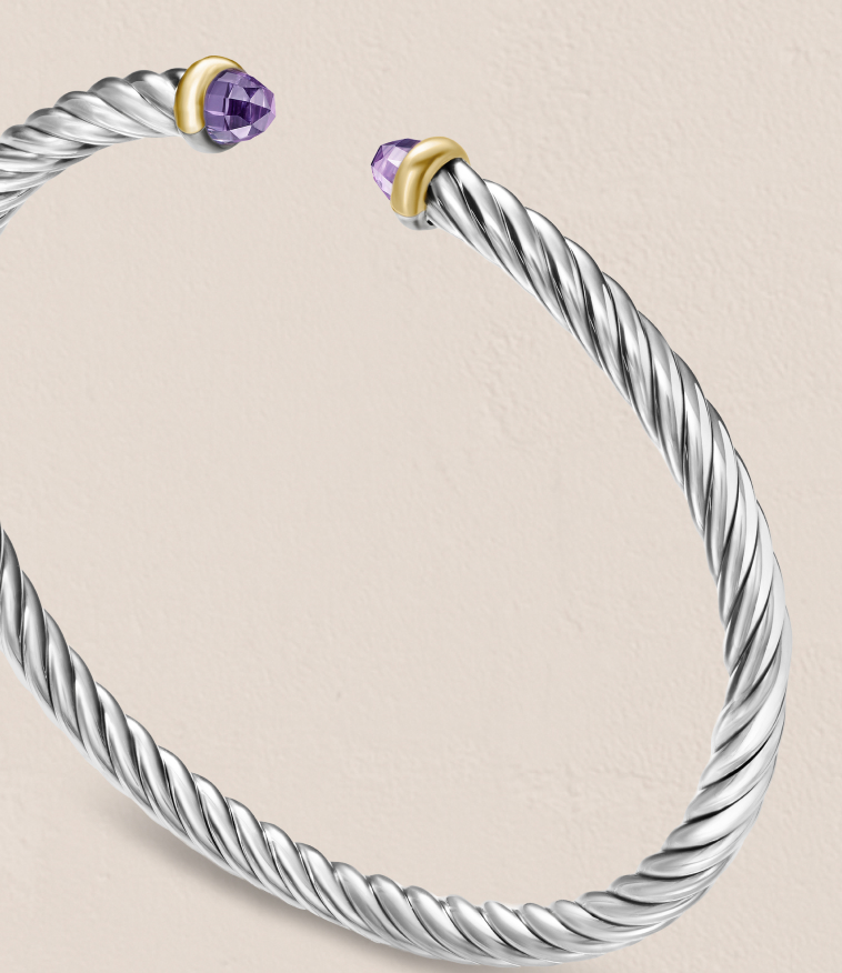 Cable Flex® BraceletSterling Silver with 14K Yellow Gold and Amethyst, 4mm
