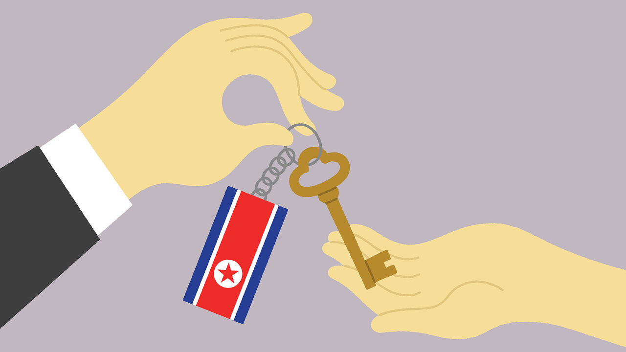 Illustration of a hand holding a key with a keychain with the North Korean flag placing it in another person's hand