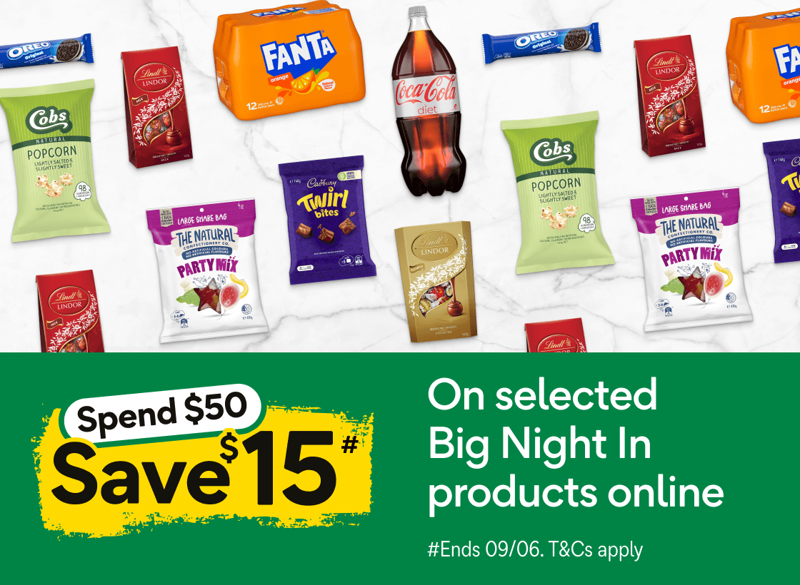 Spend $50 Save 15# On
 selected Big Night In products online #Ends 09/06. T&Cs apply