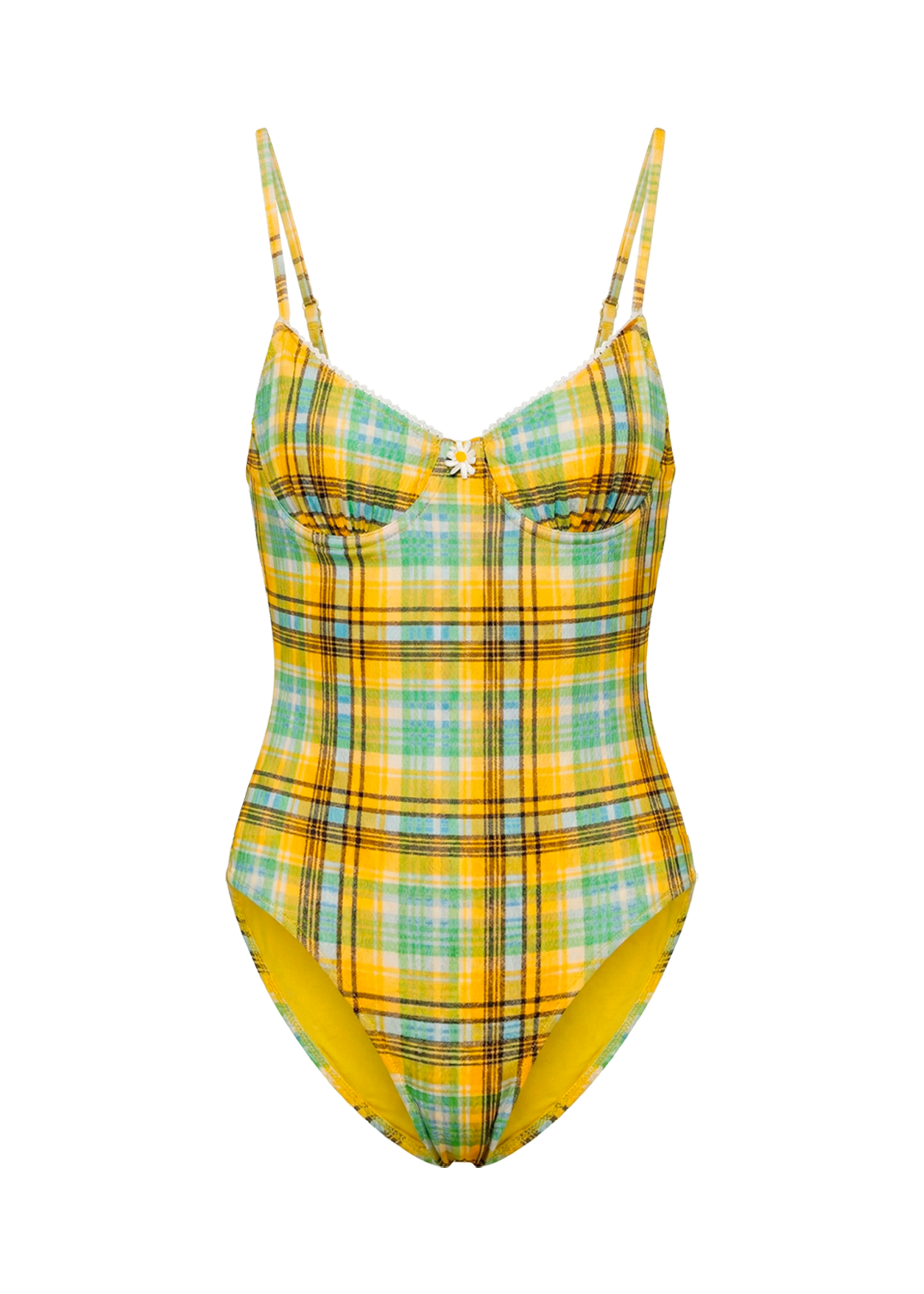 yellow and green plaid one piece bathing suit