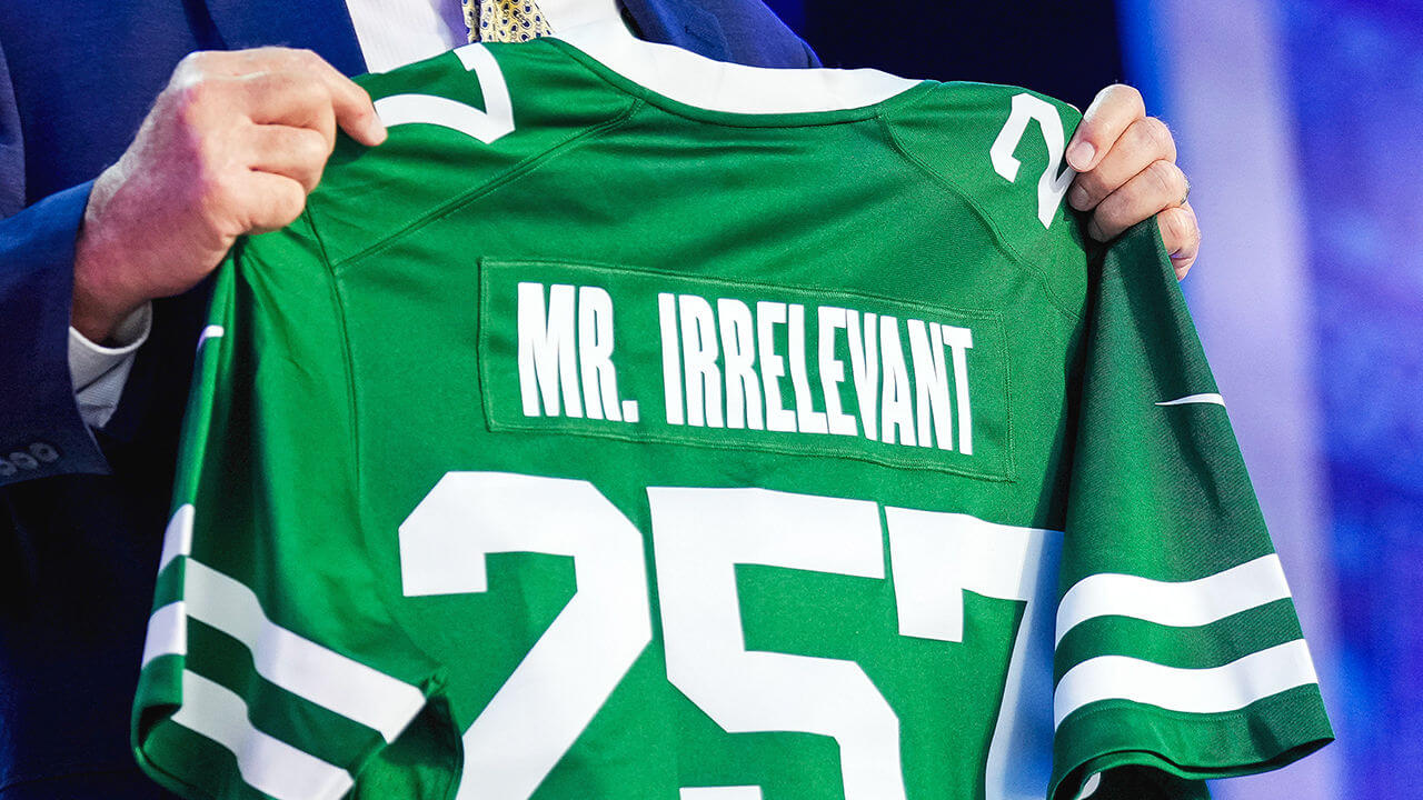 A detail of the Mr. Irrelevant jersey during the 2024 NFL draft at Campus Martius Park and Hart Plaza in Detroit, Michigan, April 27th 2024