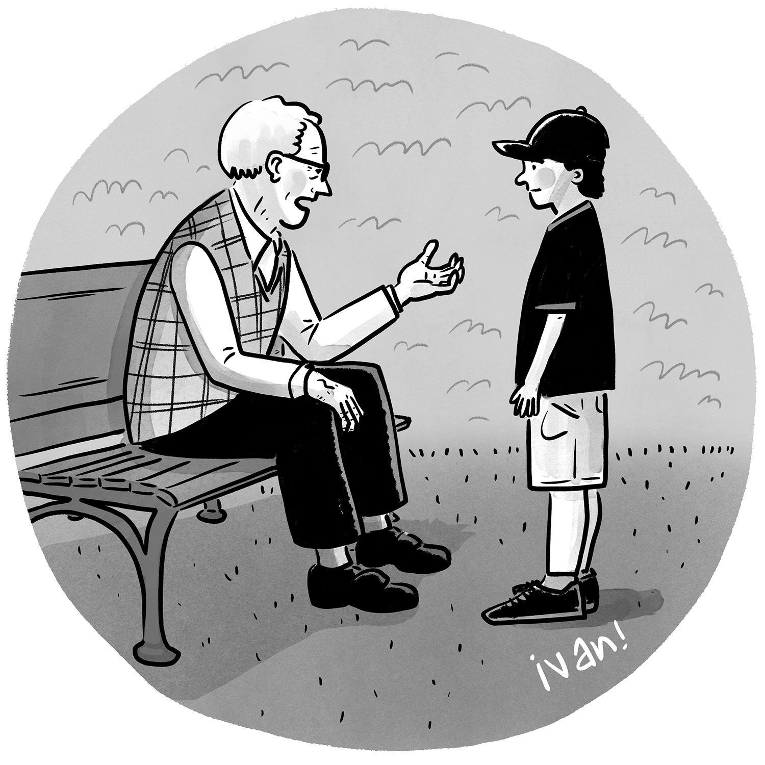 An elderly man speaks to a young boy.