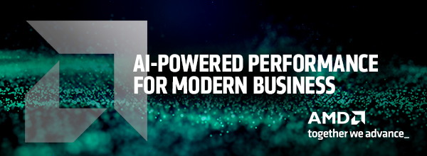 Large geometric graphic with teal particle background and text “AI-Powered Performance for Modern Business” beside AMD logo and tagline “together we advance_.”