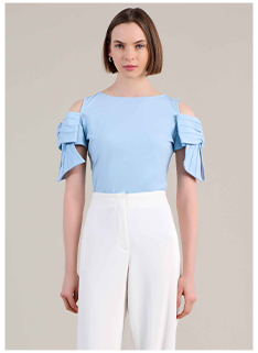 Riviera Blue Jersey Cotton Top With Cold Shoulders and Bow Detail