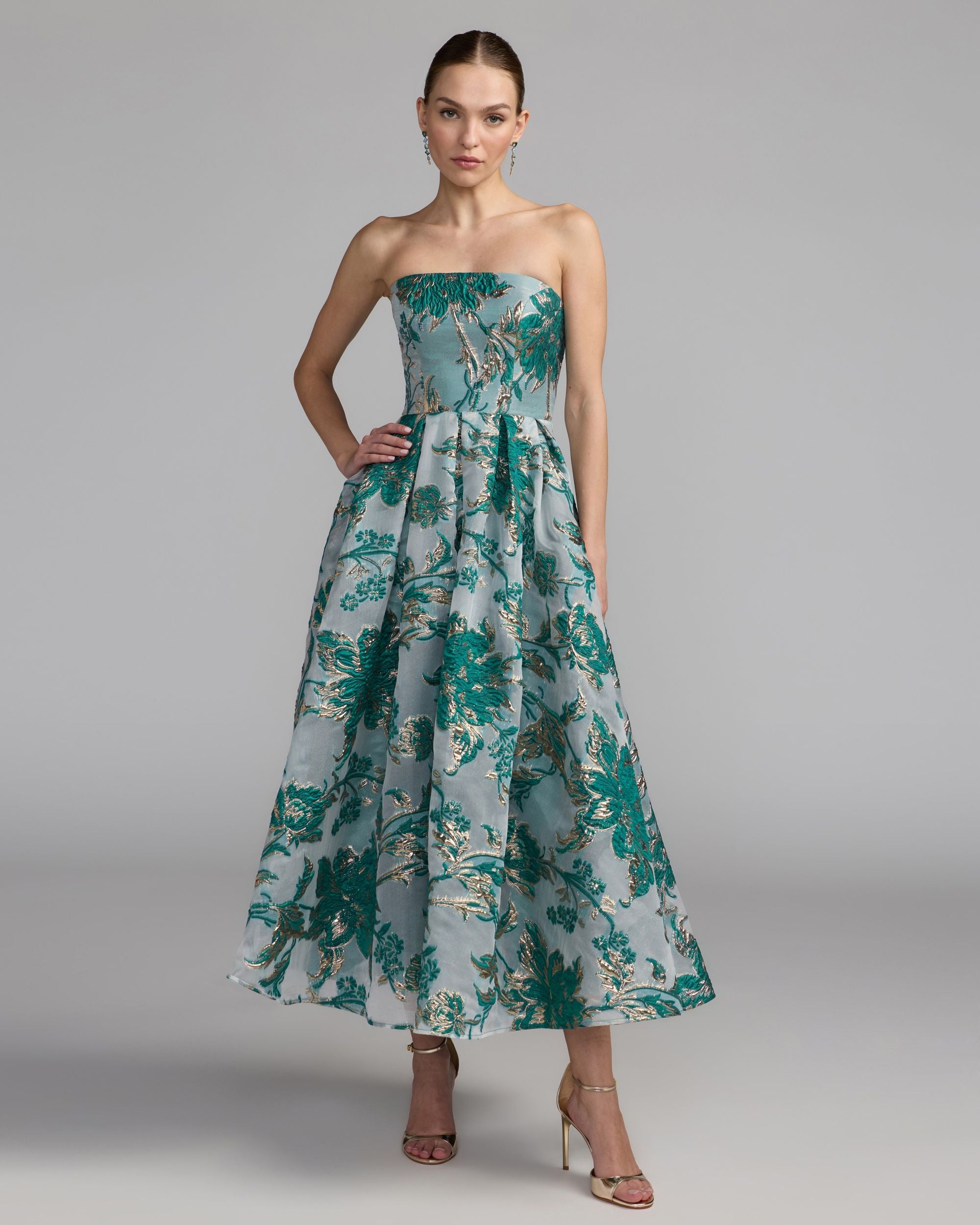 Image of Teal Strapless Brocade Midi Dress with Pockets
