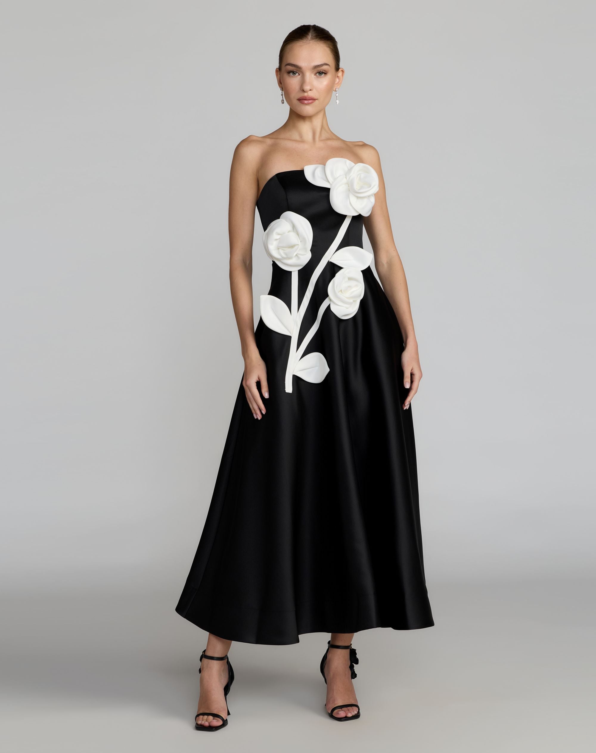 Image of Black Strapless Satin A-Line Dress With 3D Flowers