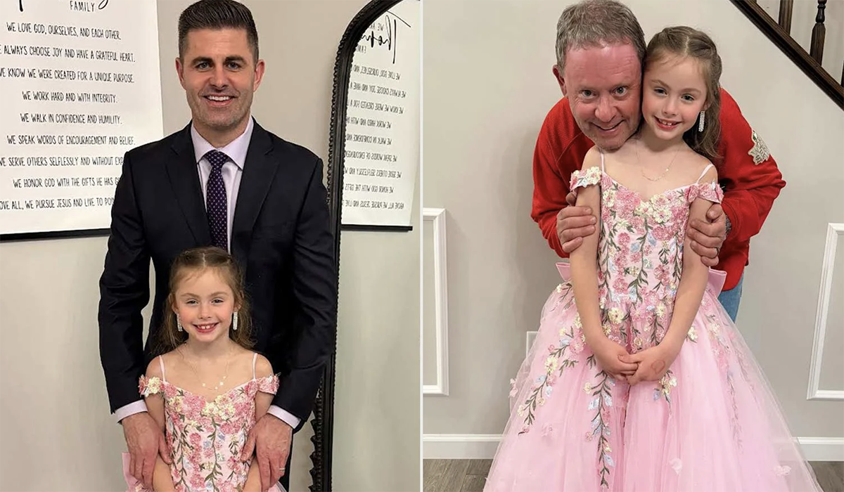 A little girl and her father; and, the same little girl and her grandfather.