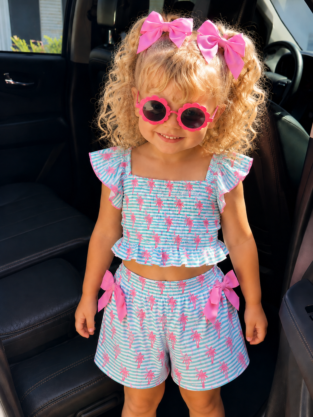 Image of Palm Pop Smocked Ruffle Top and Bow Short Set