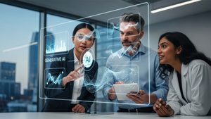 three people look at digital generative AI image