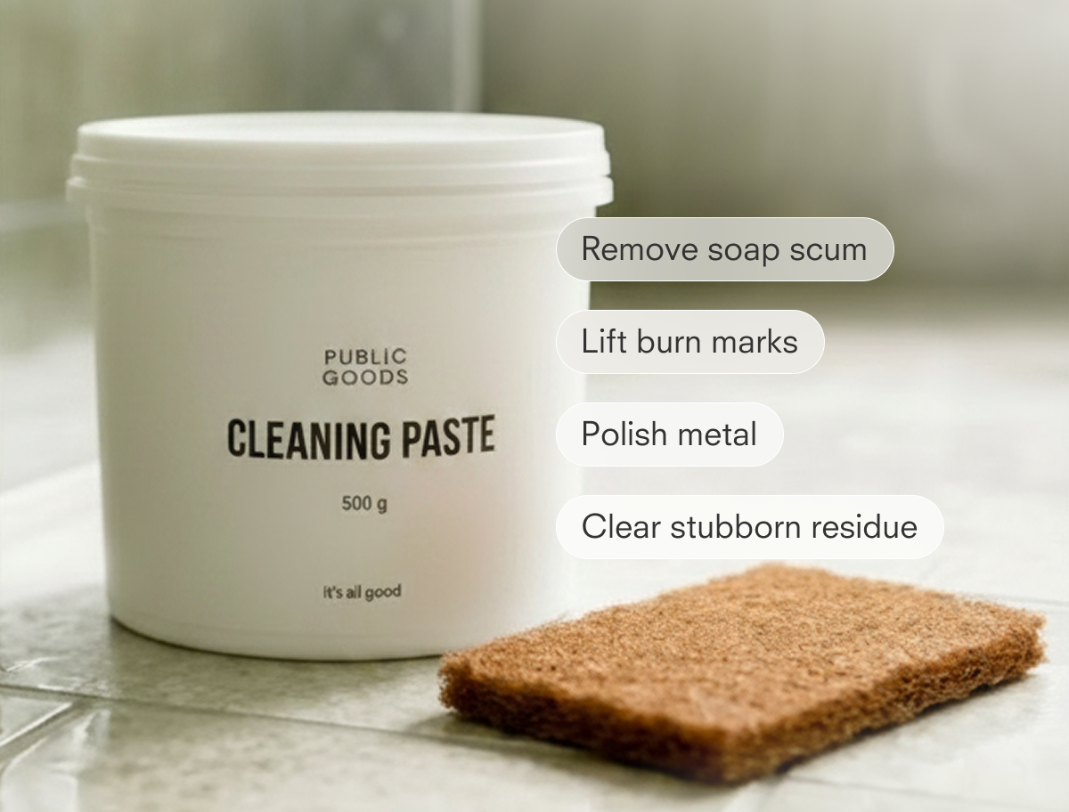 PUBLIC GOODS CLEANING PASTE 500 g it's all good Remove soap scum Lift burn marks Polish metal Clear stubborn residue