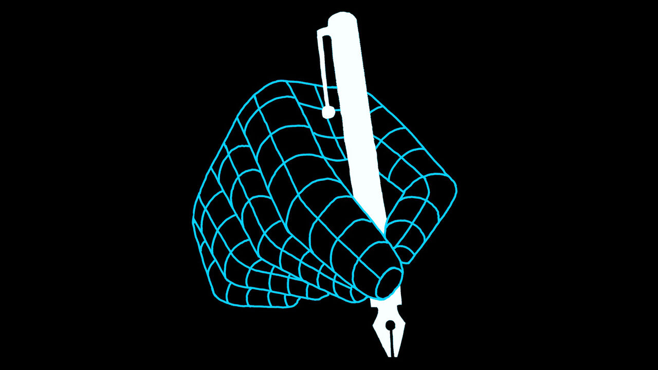A digital/mechanical hand made of wireframe mesh holding a fountain pen