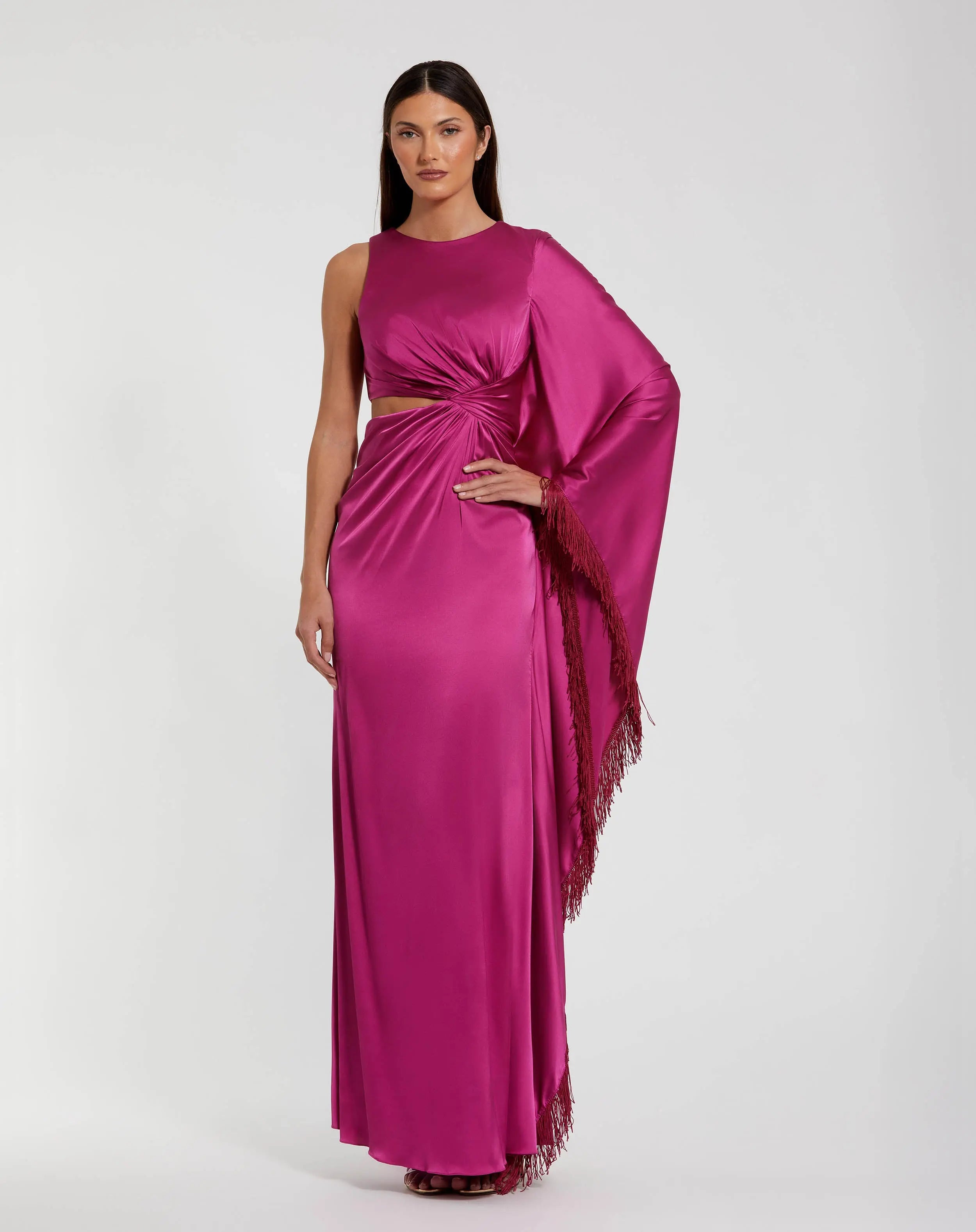 Image of Magenta Charmeuse Kaftan Sleeve Gown With Fringe Detail