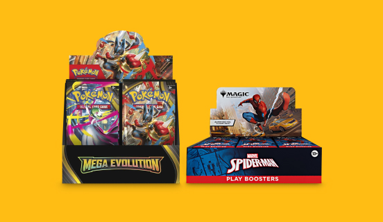 A Pokémon Mega Evolution booster box and a Magic The Gathering x Spider-Man booster box sit on white tiles against a mustard yellow background.