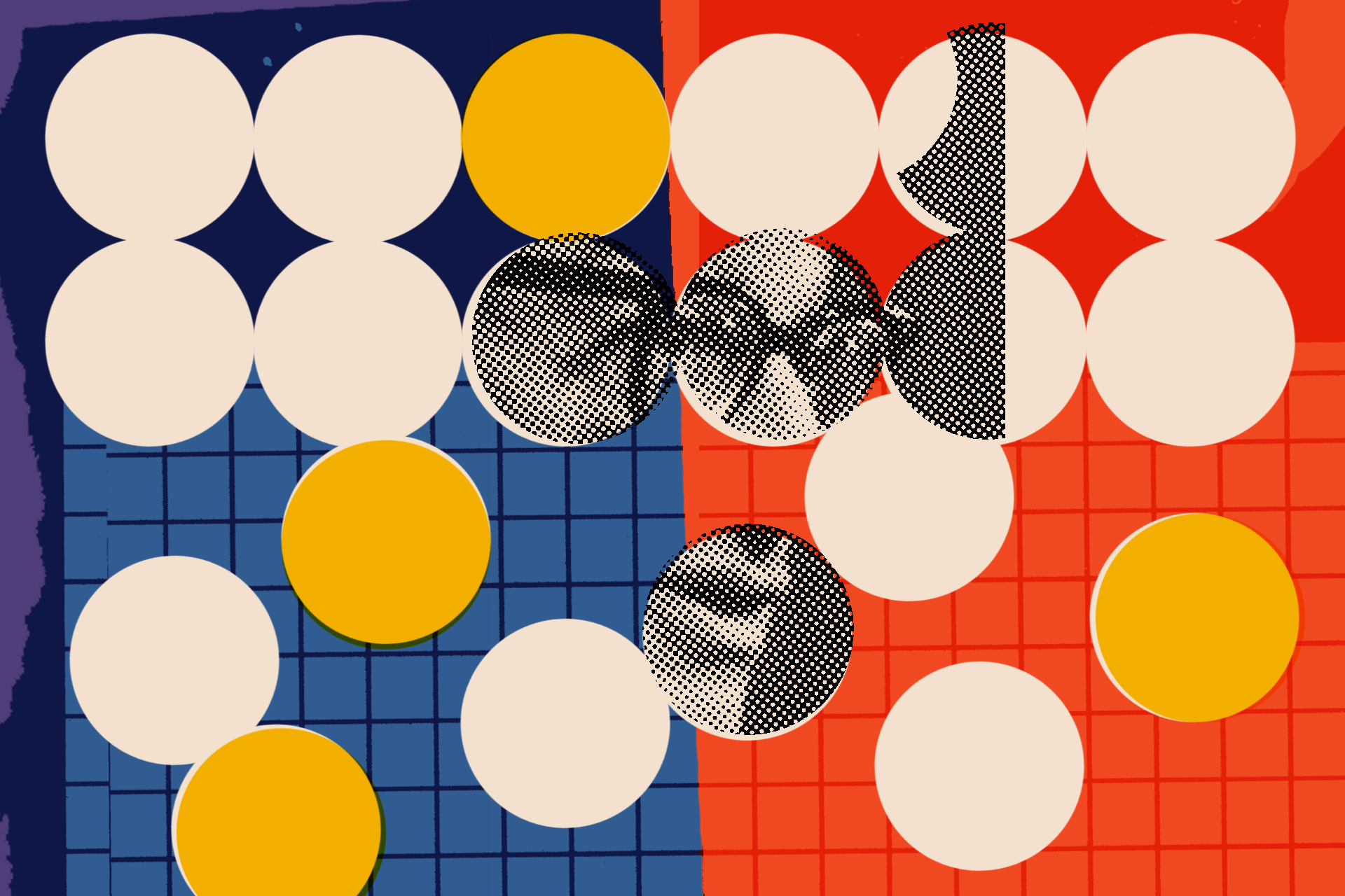 a simplified abacus is orderly at the top, then gradually falls apart. An image of Alan Greenspan is seen through some of the beads. There is a vertically-split red and blue background.
