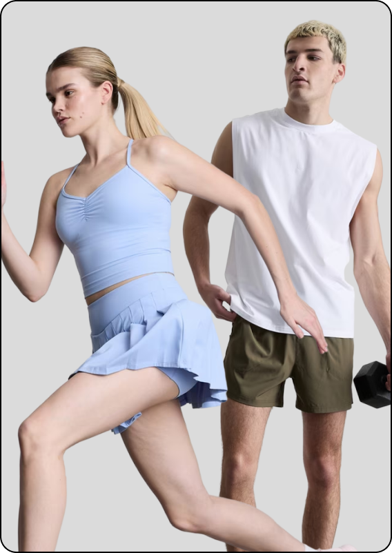 A woman and a man dressed in sportswear from the Primark collection.