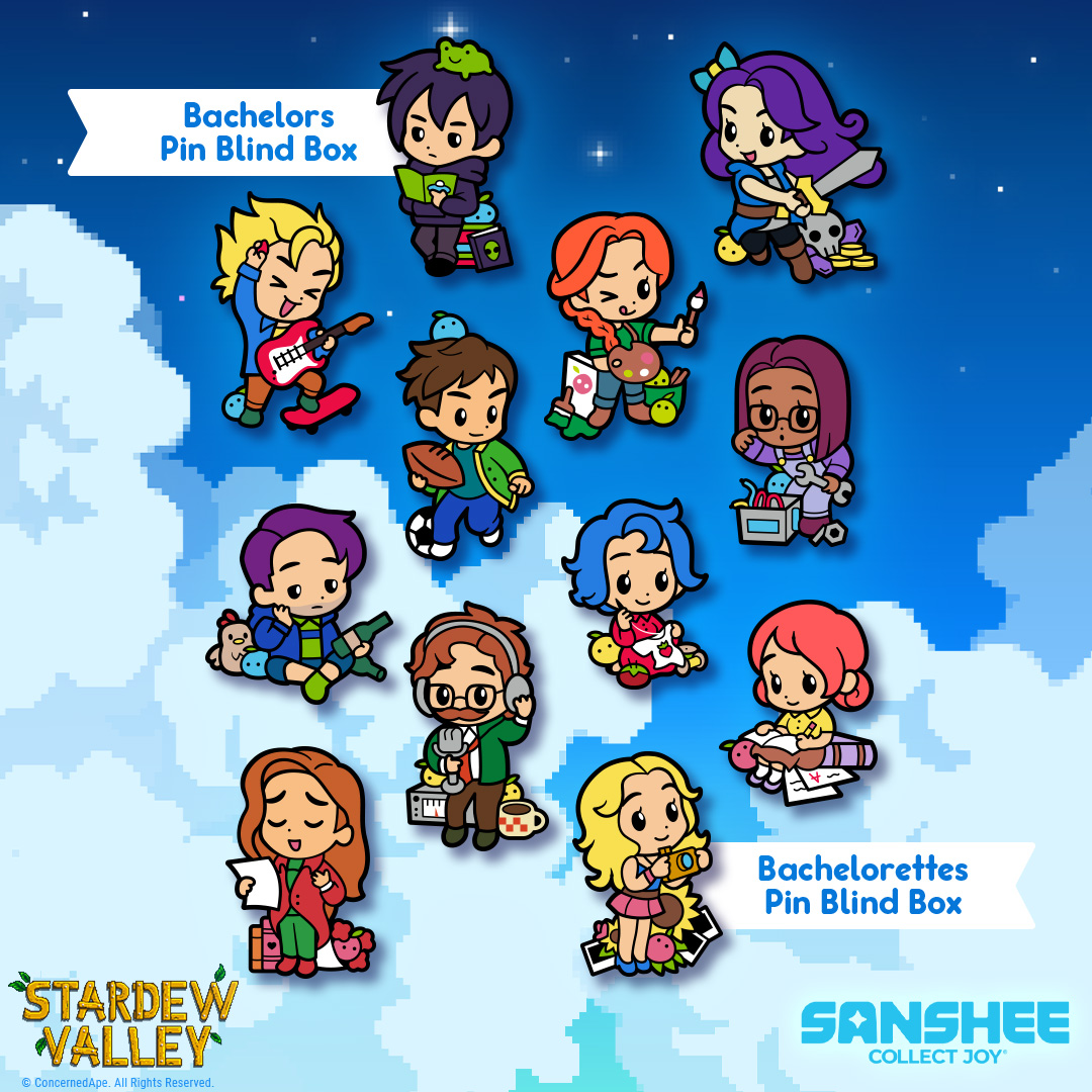 Six bachelor pins and 6 bachelorette pins of the following characters: Sebastian, Sam, Shane, Alex, Harvey, Elliott, Abigail, Emily, Haley,  Leah, Maru, Penny
