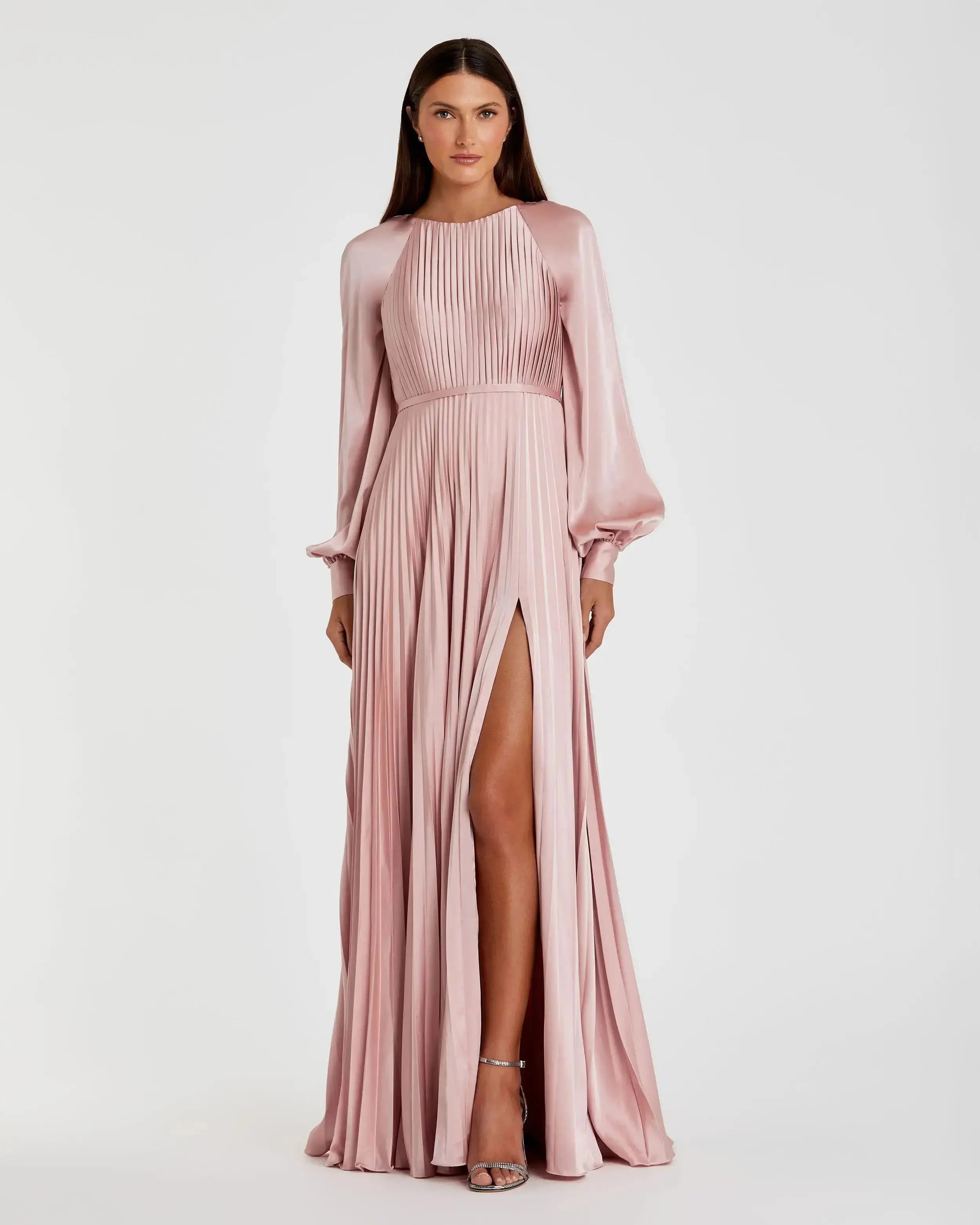 Image of Petite Pink Pleated High Neck Raglan Long Sleeve Side Slit Gown